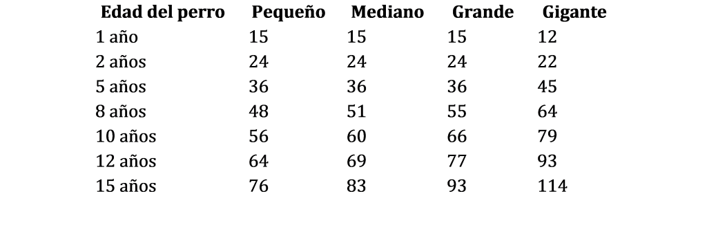 Tabela que mostra como calcular idade de cachorro