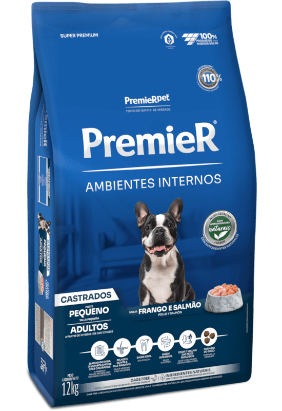 PremieR Ambientes Internos Cães Adultos Porte Pequeno Frango e Salmão Castrados