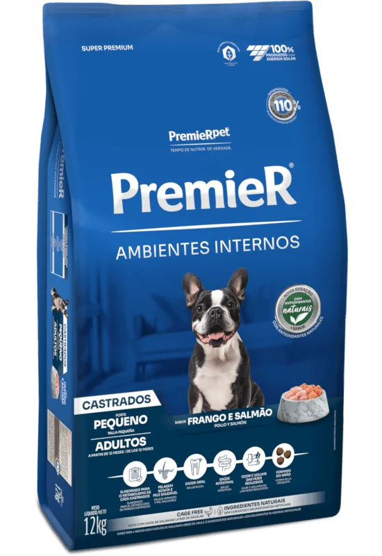 PremieR Ambientes Internos Cães Adultos Porte Pequeno Frango e Salmão Castrados