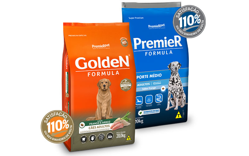 Embalagens da linha PremieR® e GoldeN® destacando o selo de 110% de satisfação