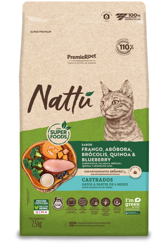 PremieR Nattu Gatos Castrados Frango, Abóbora, Brócolis, Quinoa & Blueberry