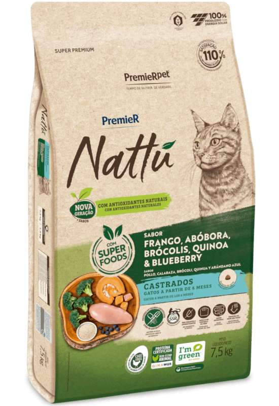 PremieR Nattu Gatos Castrados Frango, Abóbora, Brócolis, Quinoa & Blueberry
