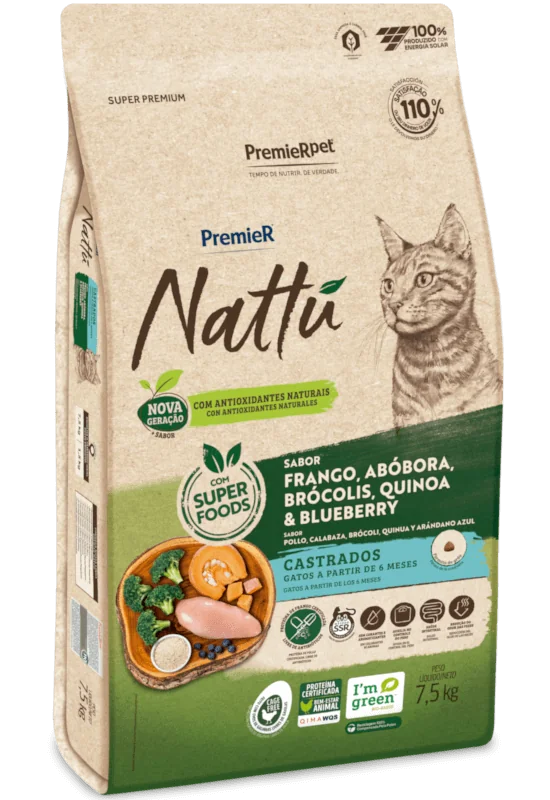 PremieR Nattu Gatos Castrados Frango, Abóbora, Brócolis, Quinoa & Blueberry