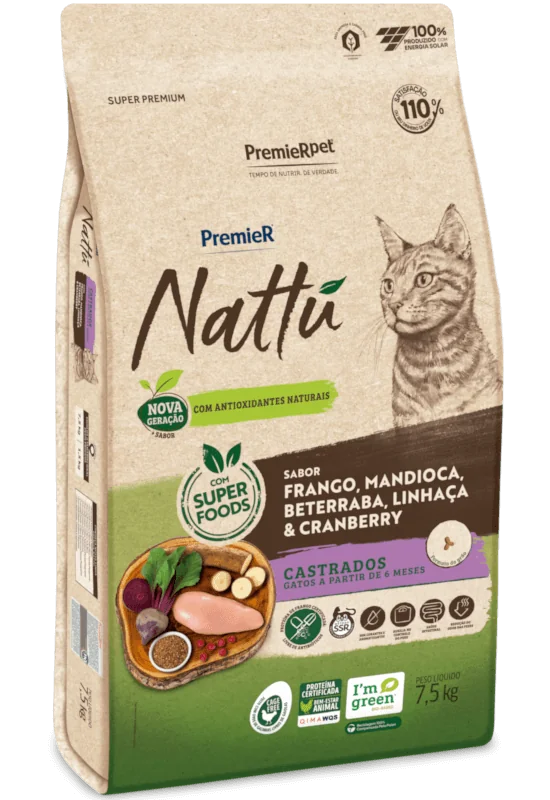 PremieR Nattu Gatos Castrados Frango, Mandioca, Beterraba, Linhaça & Cranberry