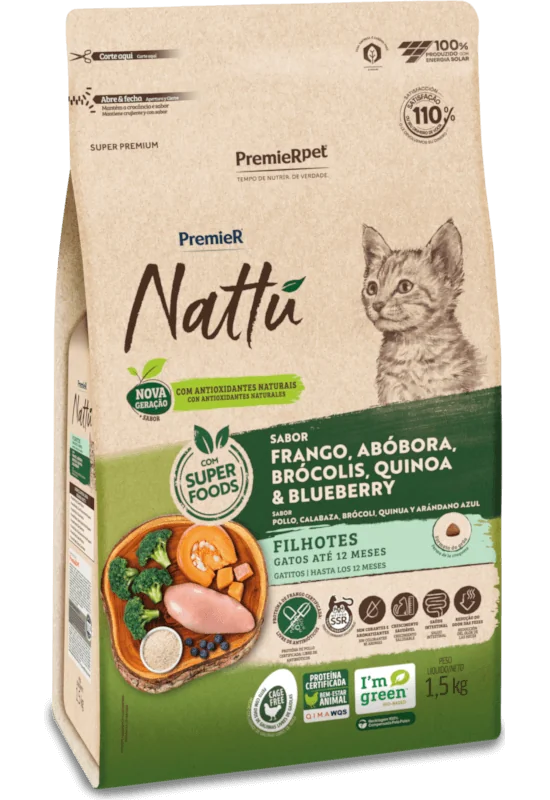 PremieR Nattu Gatos Filhotes Frango, Abóbora, Brócolis, Quinoa e Blueberry