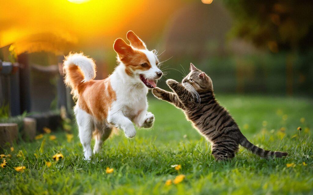 Cão e gato brincando ao ar livre