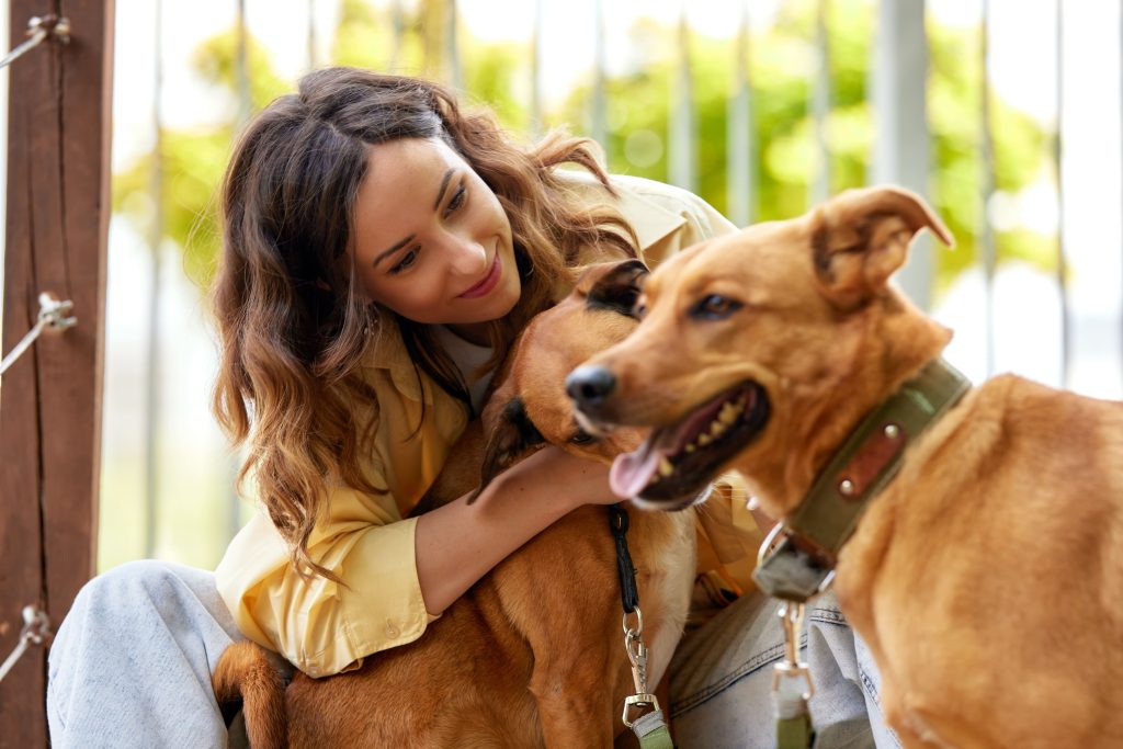 Tutora olhando sorridente para seus cães