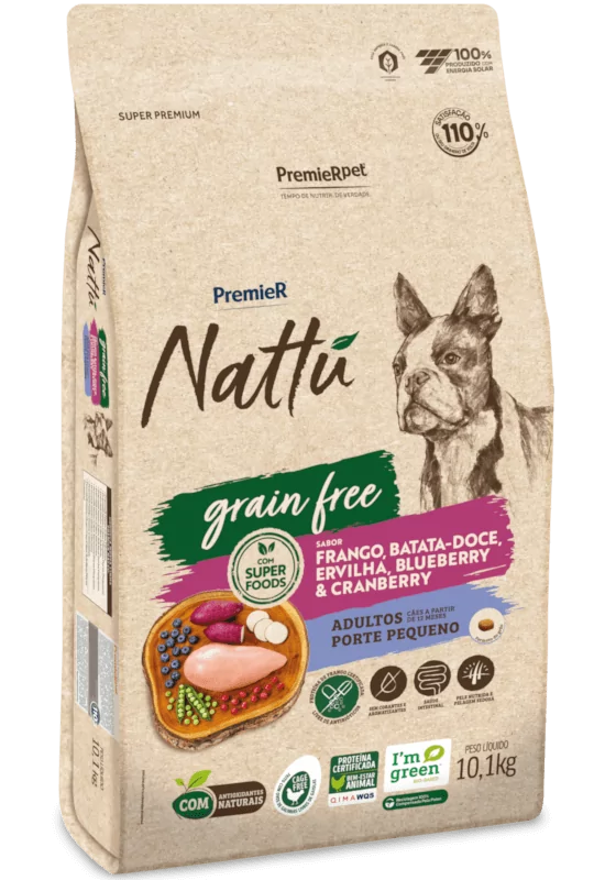 PremieR® Nattu Cães Adultos Porte Pequeno Grain Free Frango, Batata Doce, Ervilha, Blueberry e Cranberry