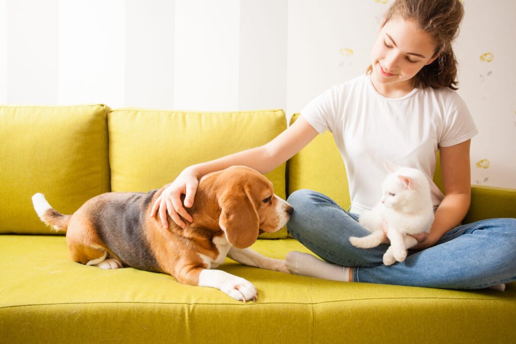 Tutora com seu cão e gato no sofá