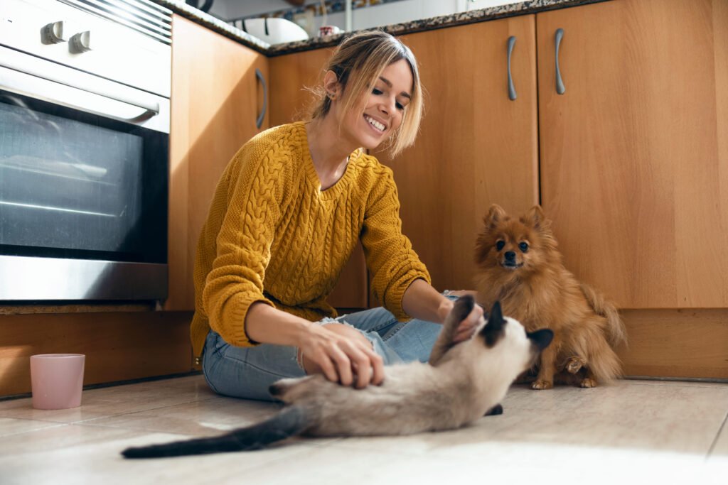 Tutora brincando com seu gato e cão na cozinha