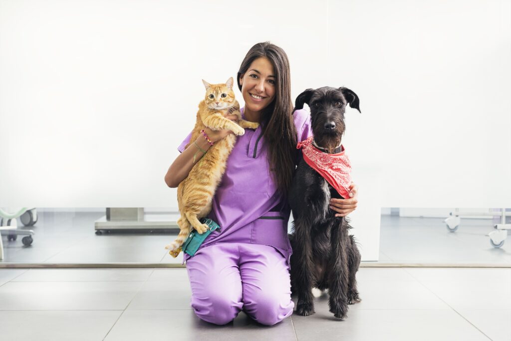 Veterinária segurando gato e cão