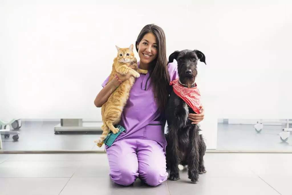 Veterinária segurando gato e cão