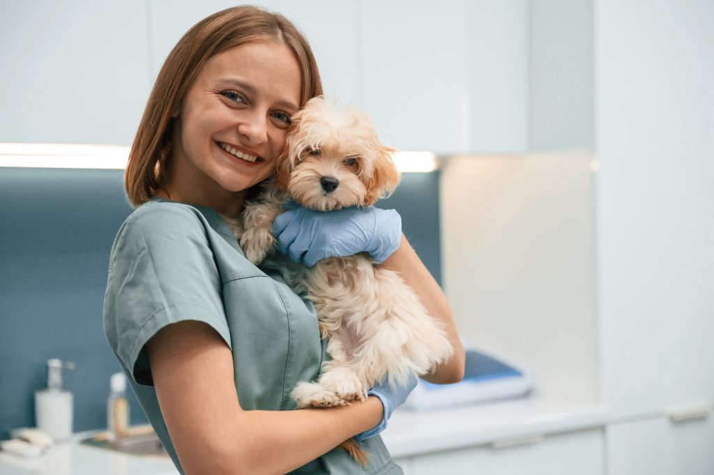 Médica-veterinária com cão filhote