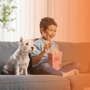 Criança comendo pipoca em cima do sofá com cão ao lado