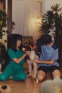 Dani Suzuki e filho brincando com cão Pedro Augusto