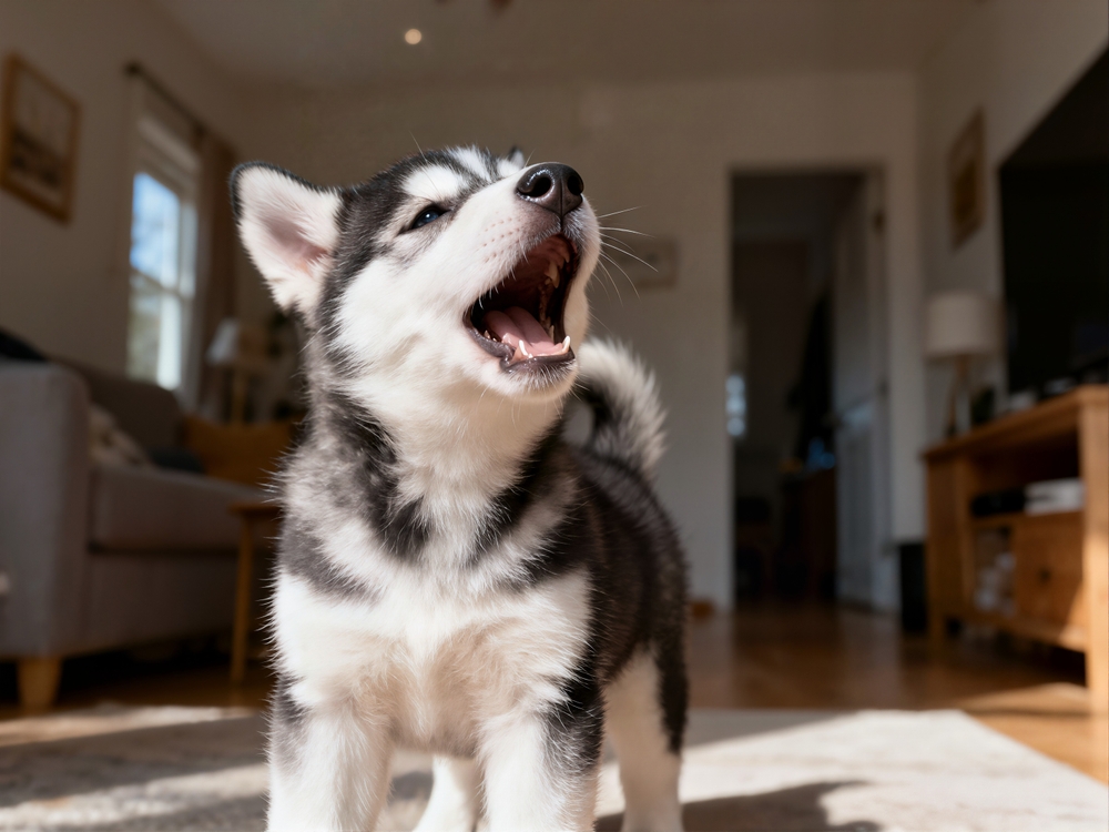 Filhote de Huski Siberiano uivando dentro de casa