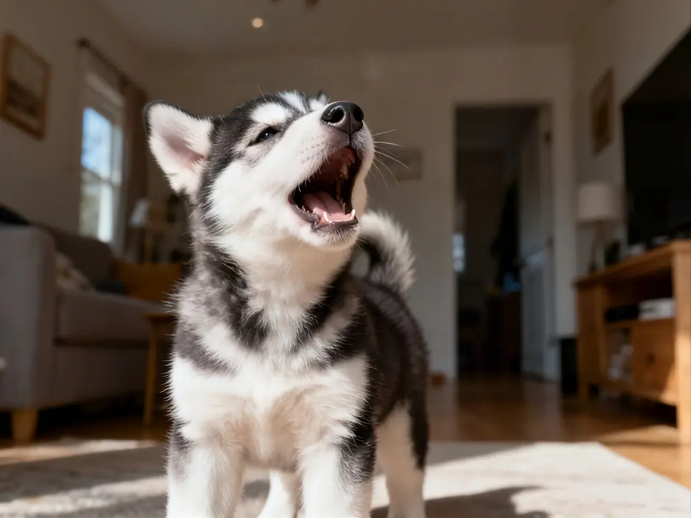 Filhote de Huski Siberiano uivando dentro de casa