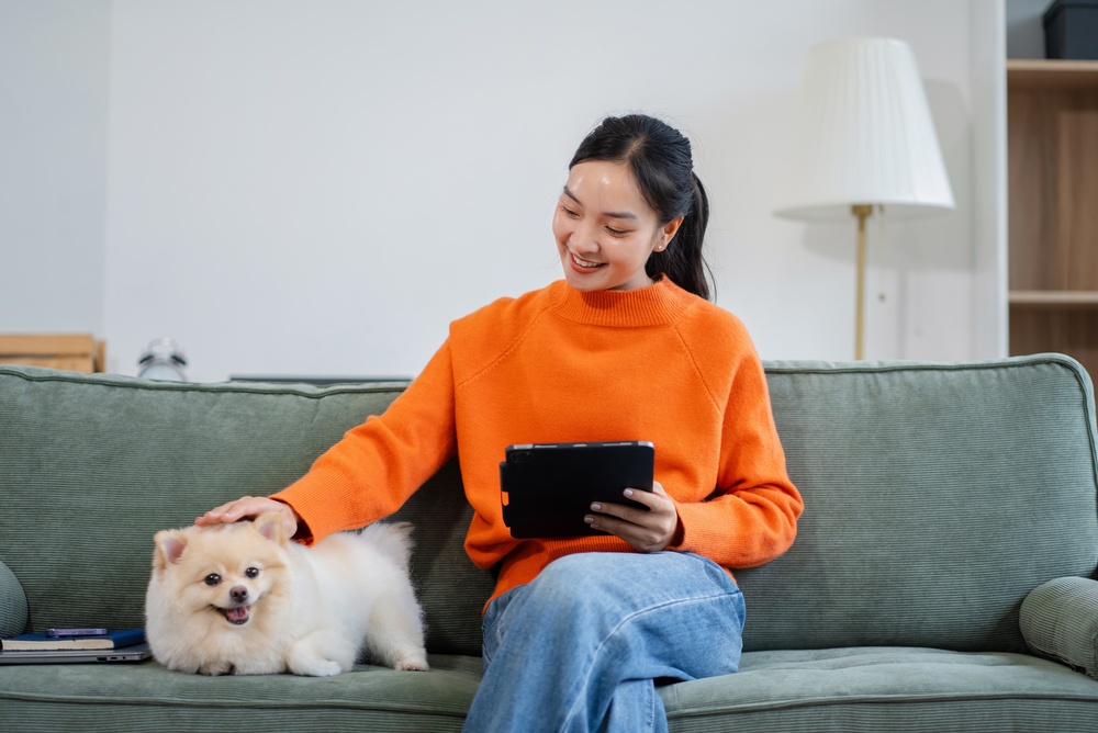 Tutora sentada no sofá e fazendo carinho em seu cão