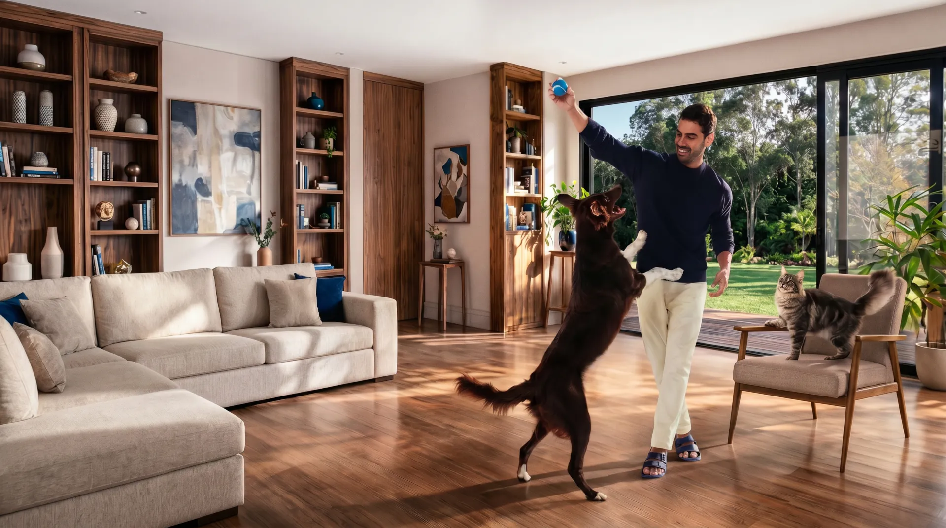Tutor brincando com cachorro e gato em casa — PremieR