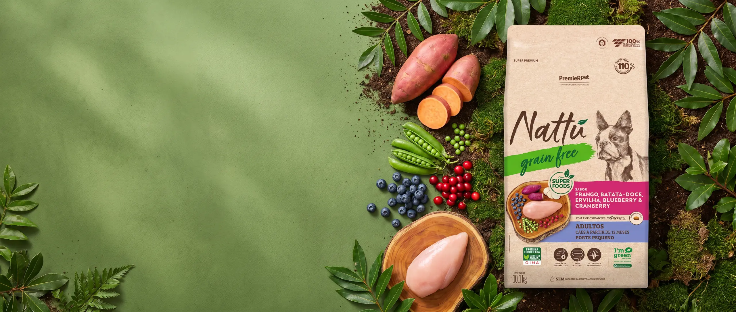 Nattu Grain Free flat lay com ingredientes naturais