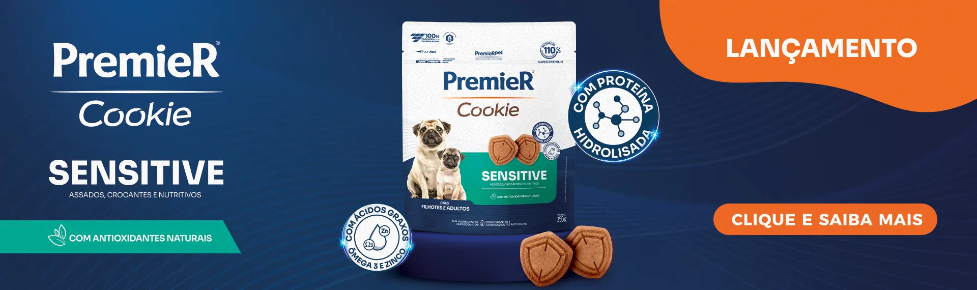 pacote do produto PremieR Cookie Sensitive com destaque dos benefícios com fundo azul e um destaque de lançamento